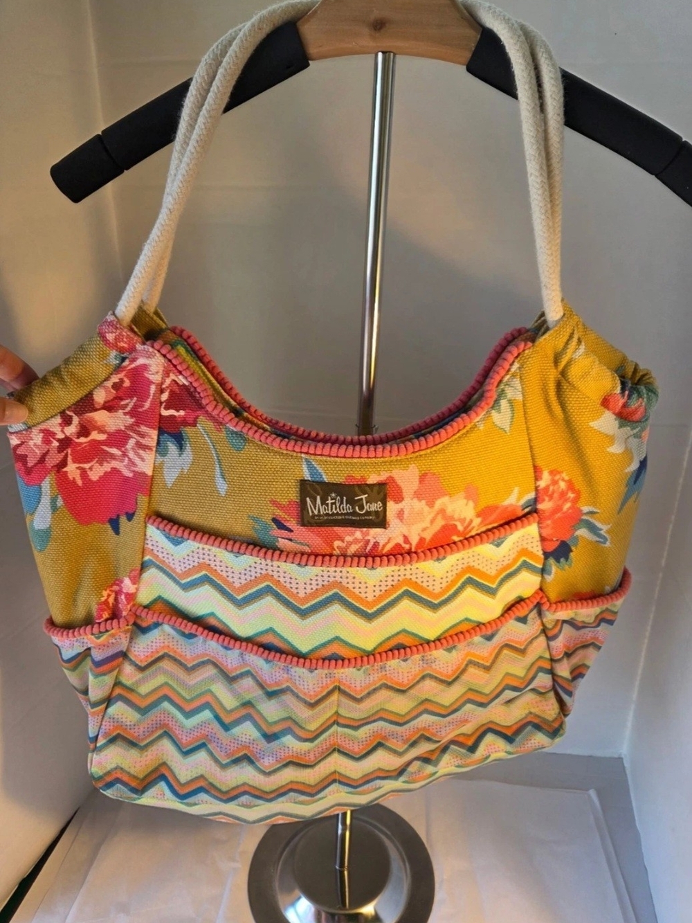 Matilda Jane Large Yellow Pink Floral Chevron Gather It Up Tote Beach Bag